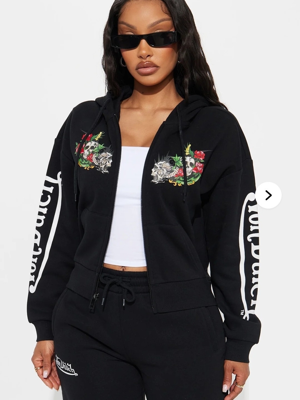 Von Dutch Black Zip-Up Hoodie with Floral Skull Embroidery
